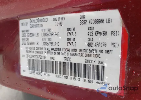 2003 Dodge Ram 2500 Slt/Laramie/St from USA, damaged, VIN 3D7KU28D13G761187